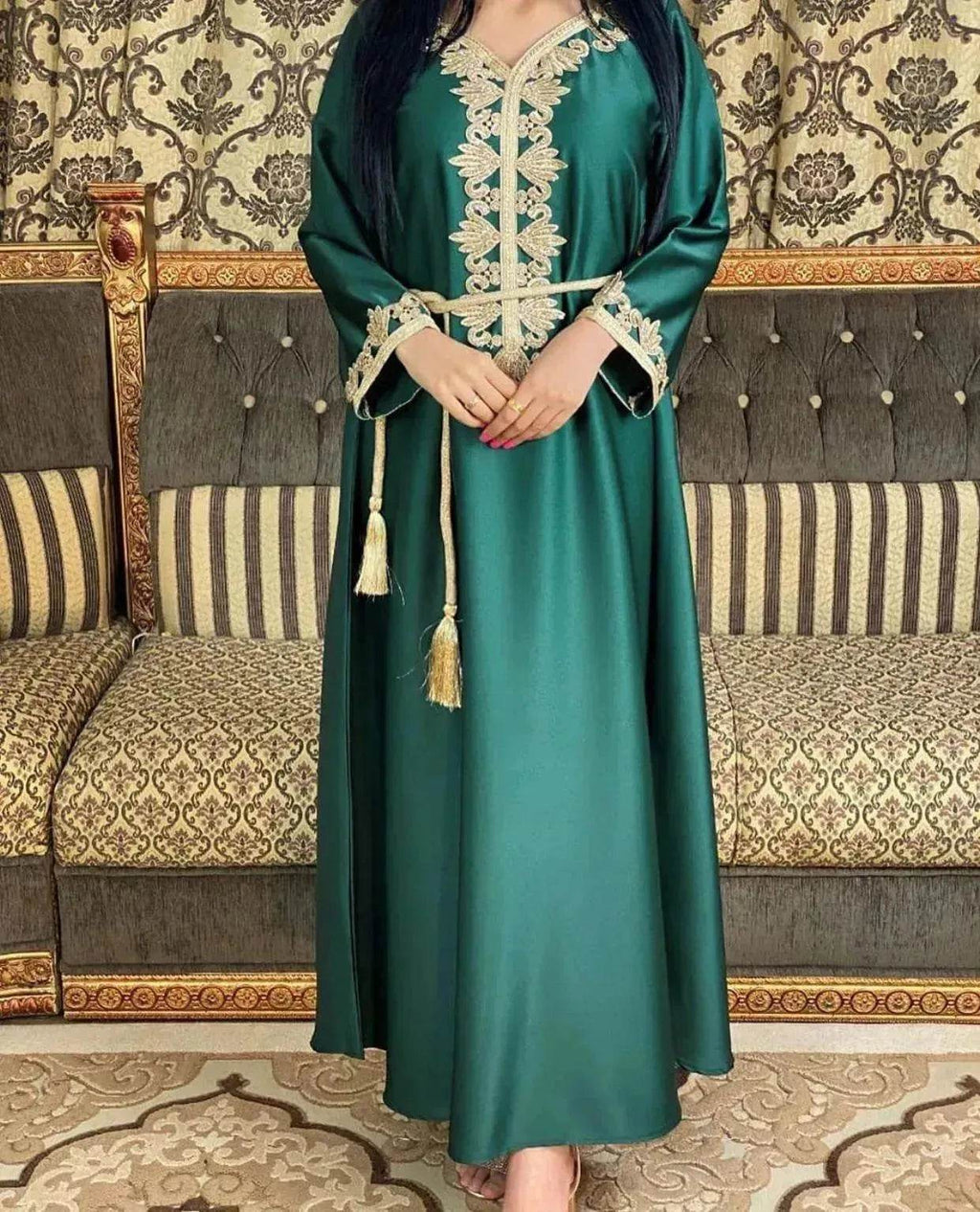 Embroidery  Bronzing Lace Jalabiya Abaya Dress for Arab Dubai Turkey Middle Eastern Women