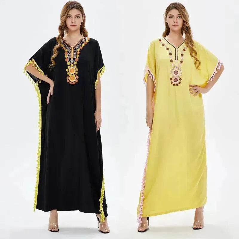 Embroidered Party Cotton Abaya for Women Fancy Short Sleeved Abaya for Middle East Women