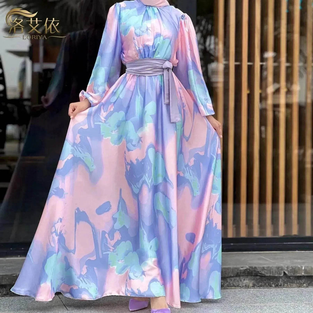 European And American  Dubai Middle East Pure Beautiful Printed Dress, Ankle-length Printed Maxi Dress Fashionable Abaya Dress