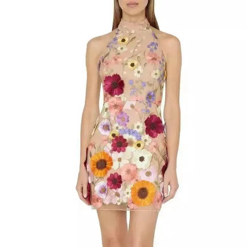 European And American Embroidery Three-dimensional Flower Halter Slim Fit Dress