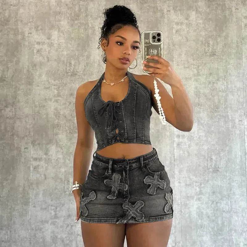 Chic Denim 2 piece Denim Skirt set Jean 2 piece set for Women Sleeveless crop top and Skirt