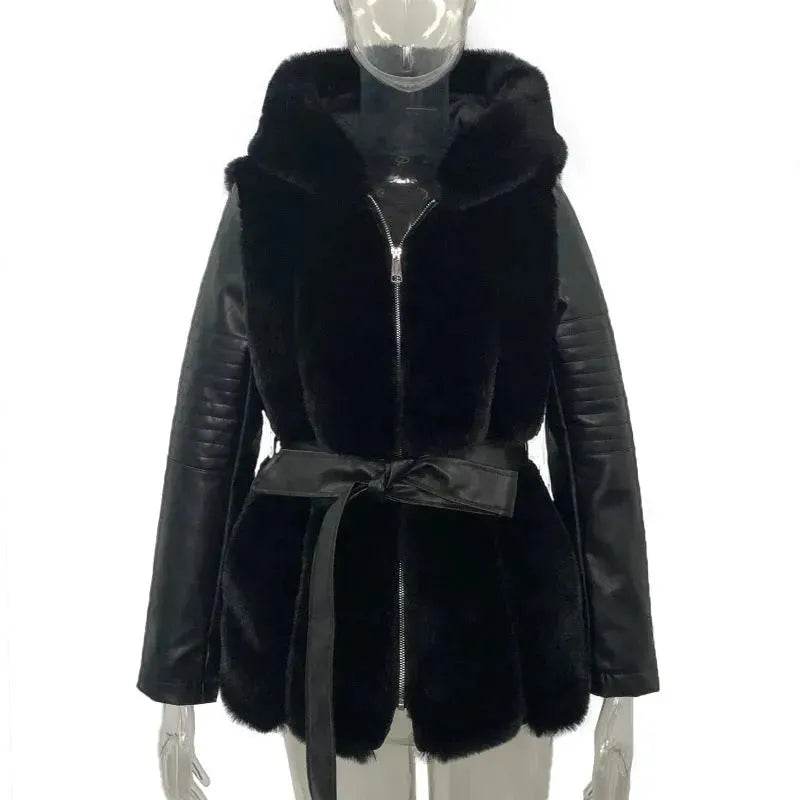 New Style Fur Belt Belt Hooded Zipper vest sleeveless Winter Jacket for women