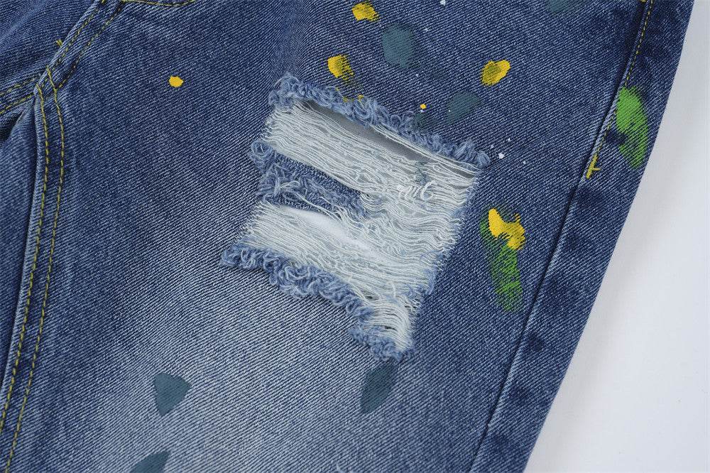 Ripped Paint Wide-leg Denim Trousers For Men Jeans