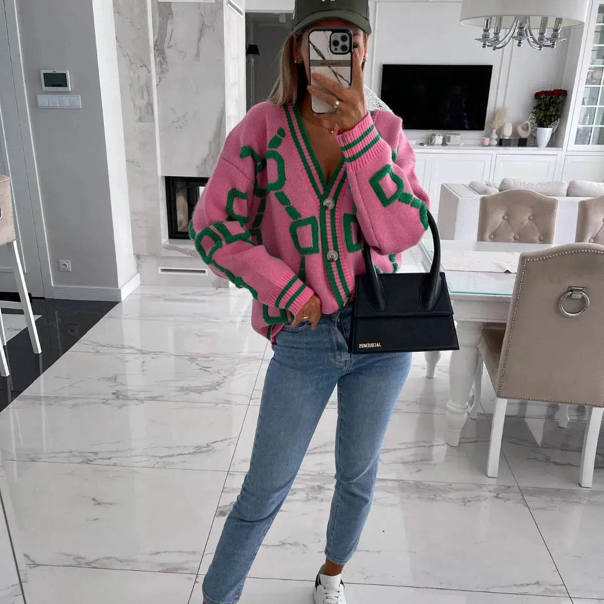 Batwing Sleeves V-neck Knitted Button Jacket Cashmere Cardigan Sweater Women