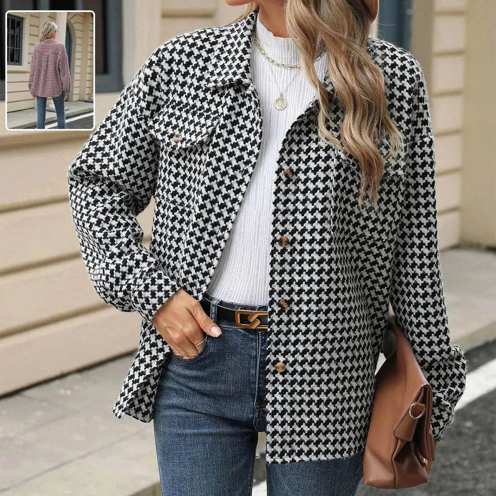 Casual Houndstooth Lapel Tweed Button long sleeve shirt tops for women