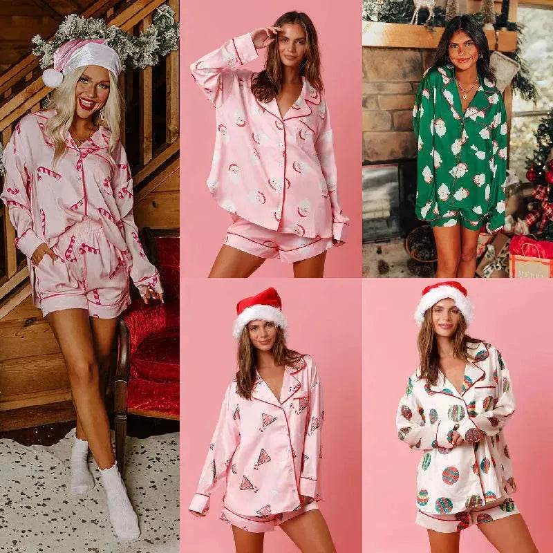Satin Printed Santa Claus Two-piece Suit Home
