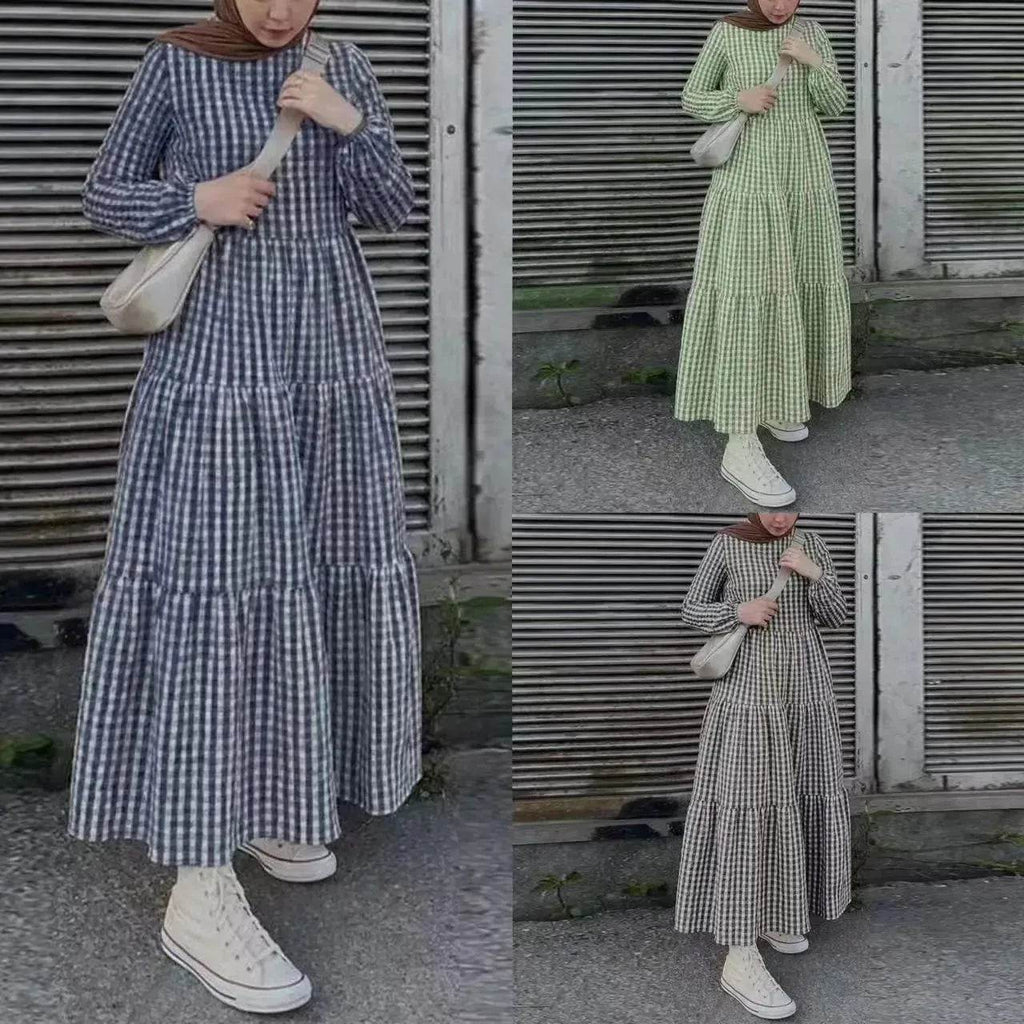 Middle East Plaid Long Sleeve Elastic Sleeve Round Neck Loose Waist Casual Dress Checked Casual dress for Arabfor Women