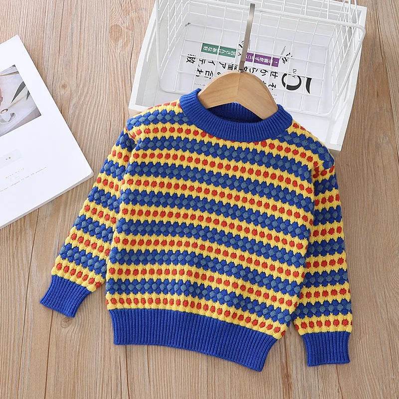 Kids Rainbow Stripe Pullover Sweater, Round Neck Knit Top