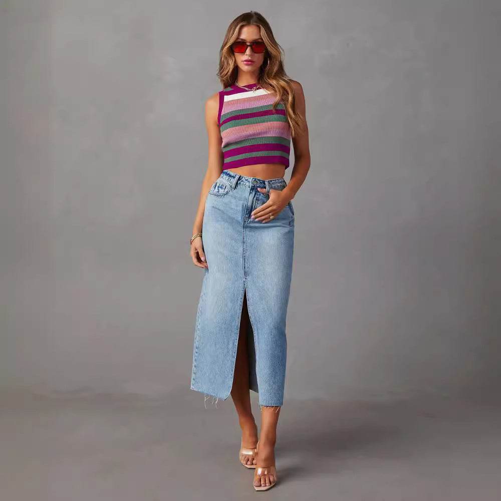 Women's Fashion Slimming front split Midi Denim Skirt