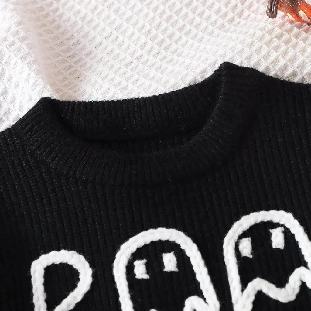 Unisex Cartoon Ghost Embroidered Long-sleeved Sweater Pullover for Boys and girls
