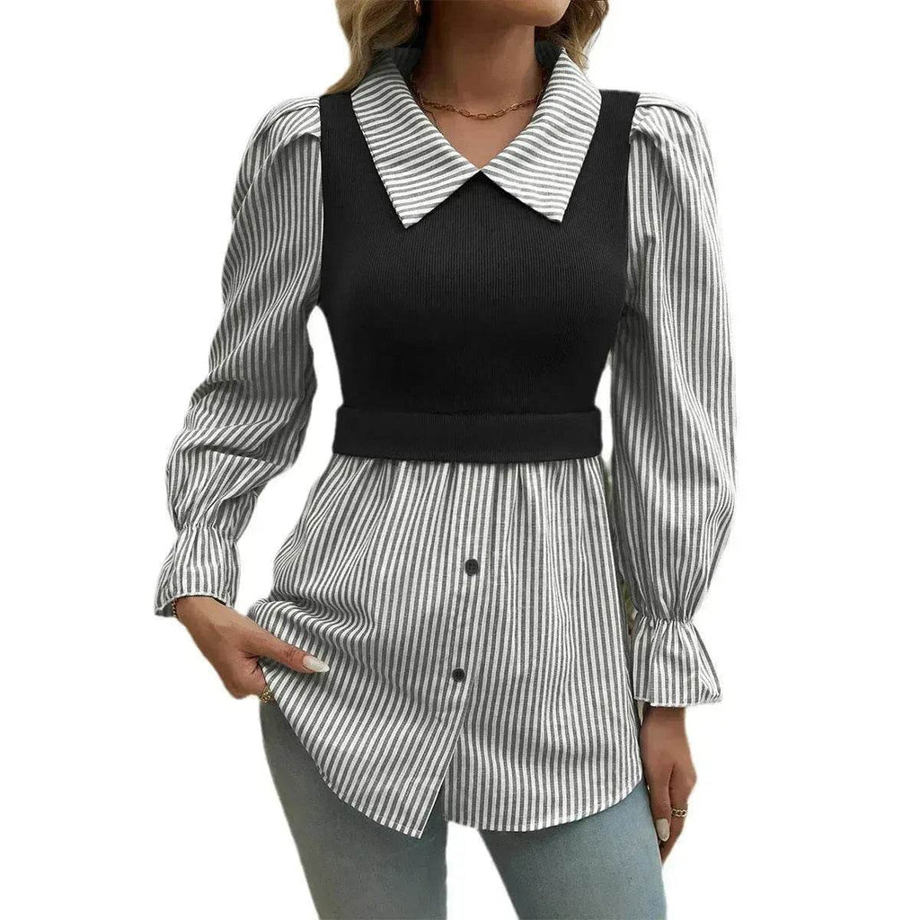 Women's Casual Contrast Color Stitching  Long Sleeve Collar Ladies Evening Top