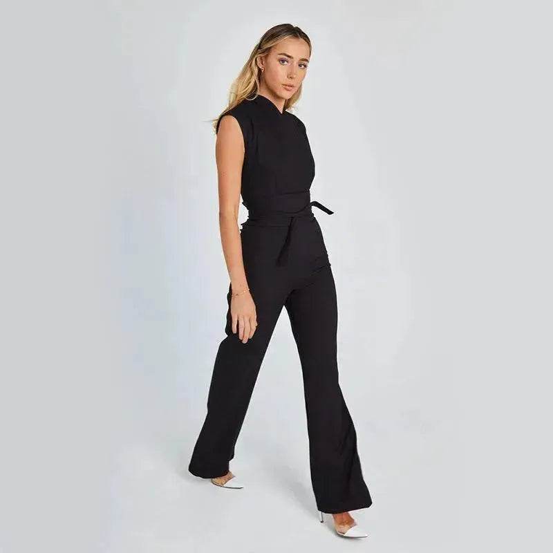Fashion Elegant Long Sleeveless Jumpsuit Summer V-neck Casual Wide Leg Long Overalls Clothing For Women