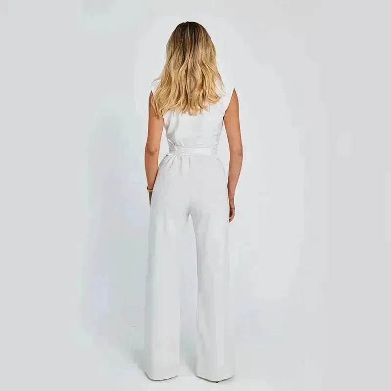 Fashion Elegant Long Sleeveless Jumpsuit Summer V-neck Casual Wide Leg Long Overalls Clothing For Women