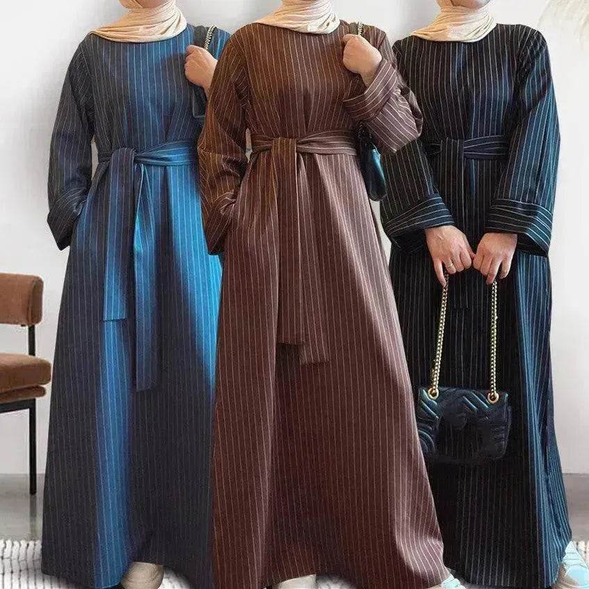 Fashionable Stripe Tunneled Abaya Dress for Elegant Arab Dubai Turkey Middle Eastern women.