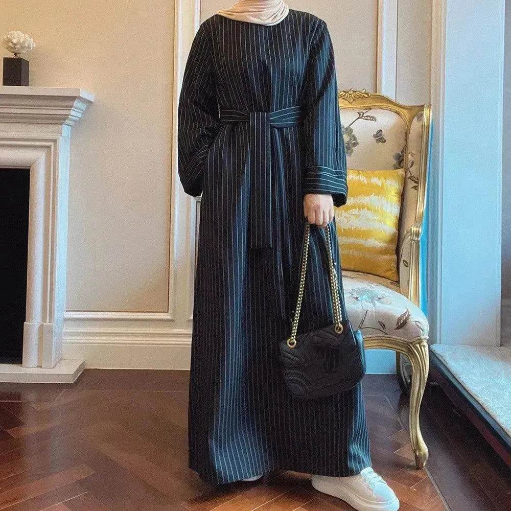 Fashionable Stripe Tunneled Abaya Dress for Elegant Arab Dubai Turkey Middle Eastern women.