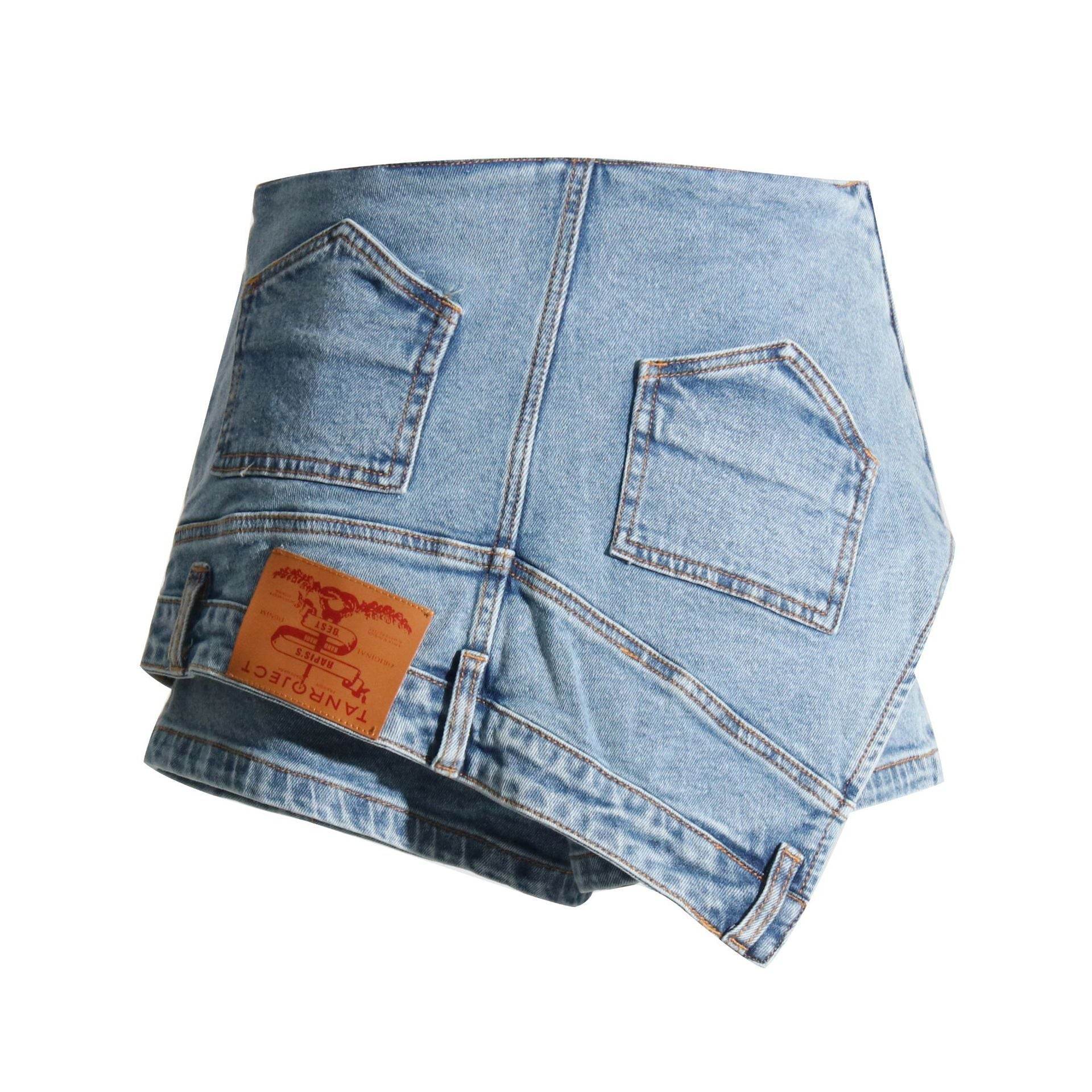 Short Irregular Solid Color Women's Denim High Street Mini Skirt Skort