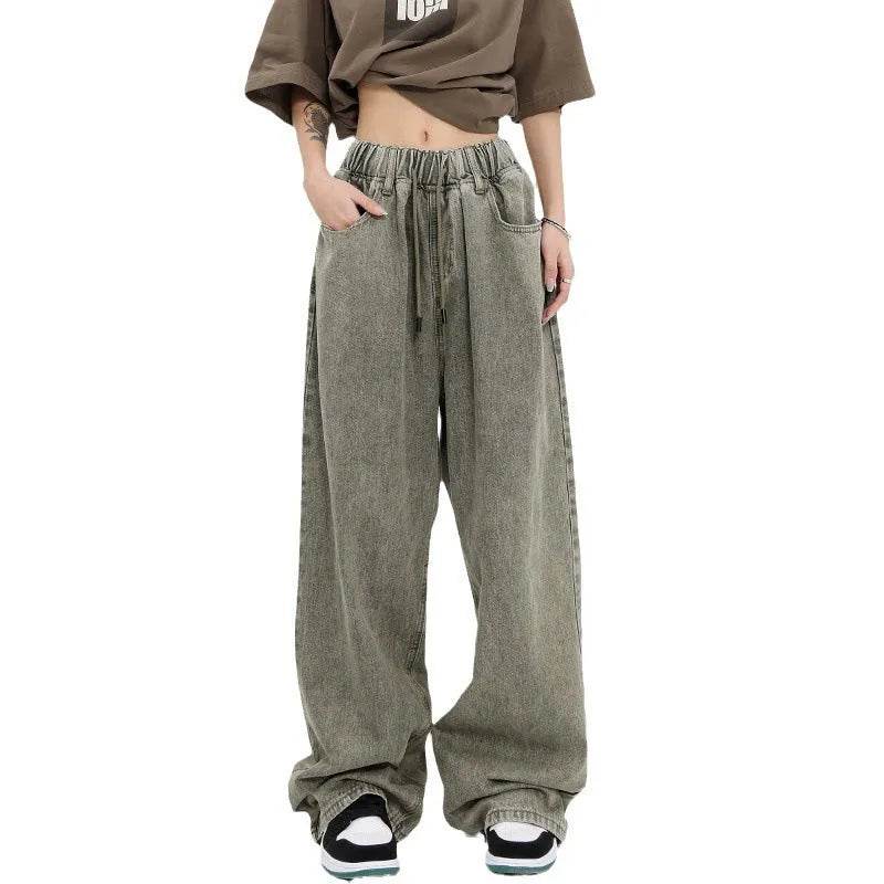 Retro Worn Looking Washed-out Drawstring Baggy Jeans Pant For Women