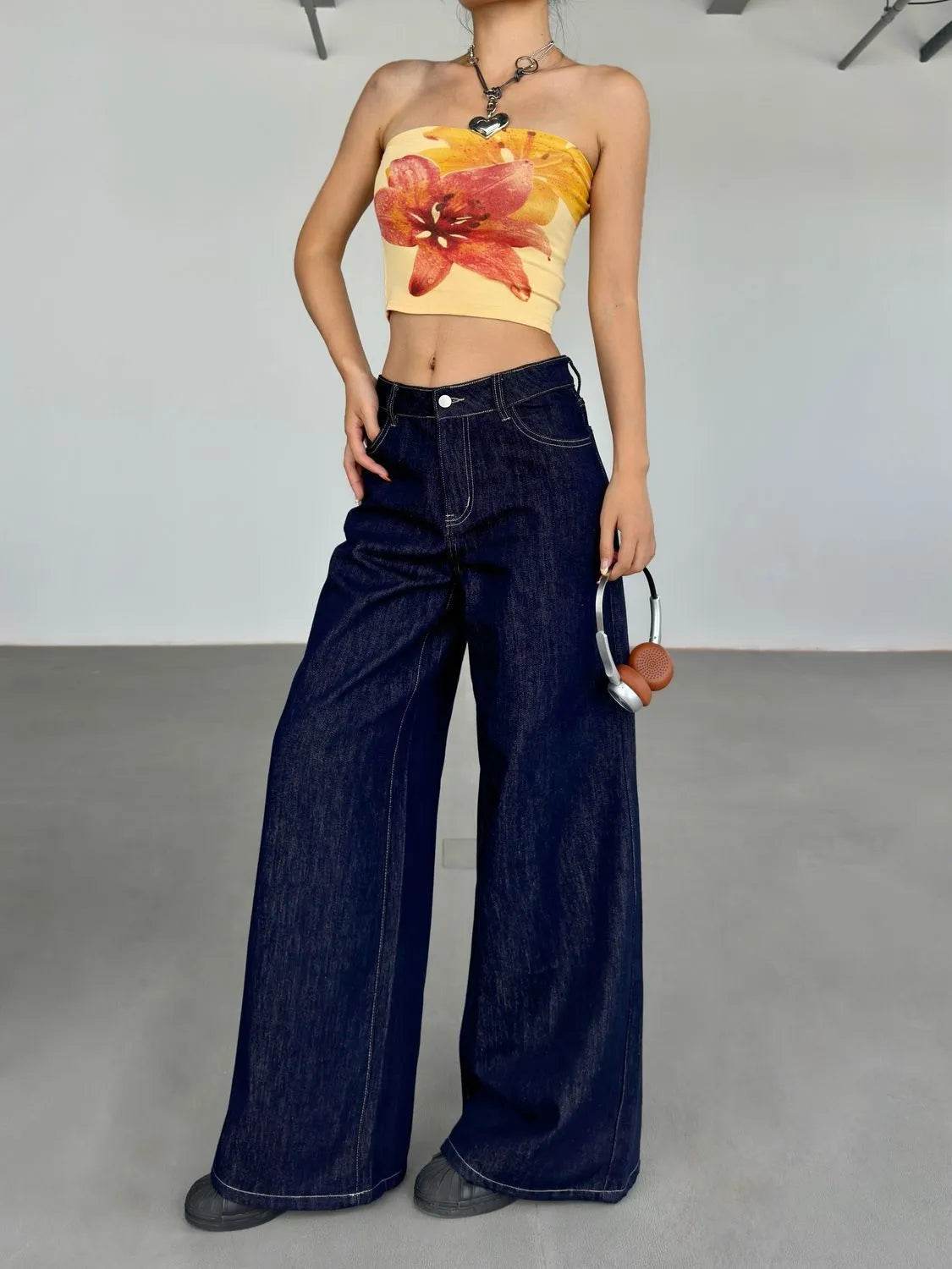Fashion American Retro Wide Leg Baggy Jeans Pant For Women