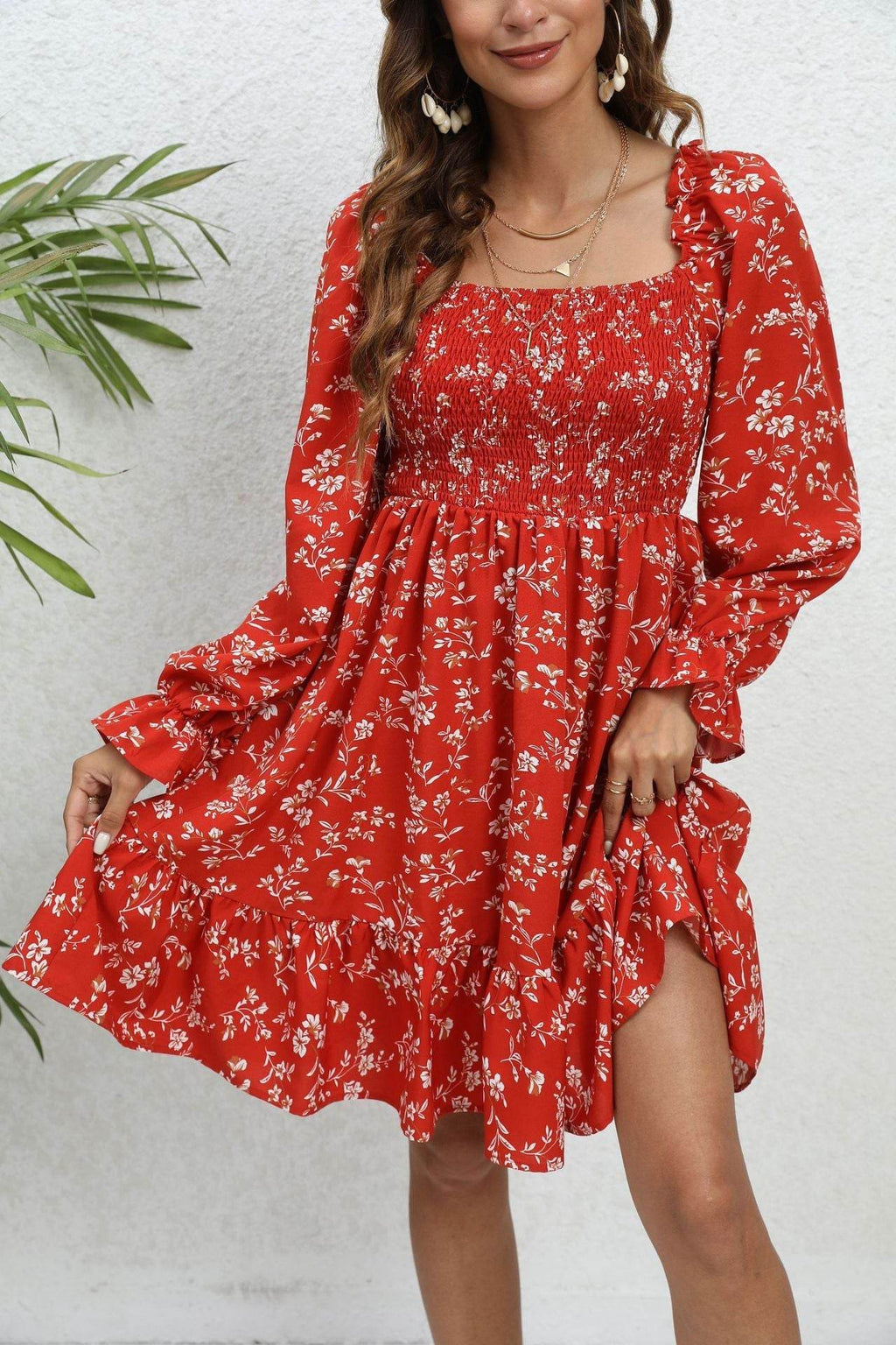 Casual Spring And Summer lantern Sleeve floral Mini Dress