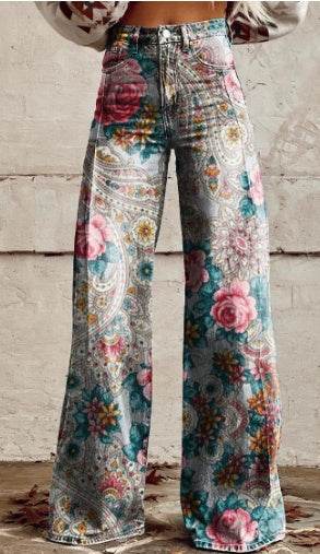 Floral 3D Digital Printed Women's Wide Leg Imitation Jeans Pant for women