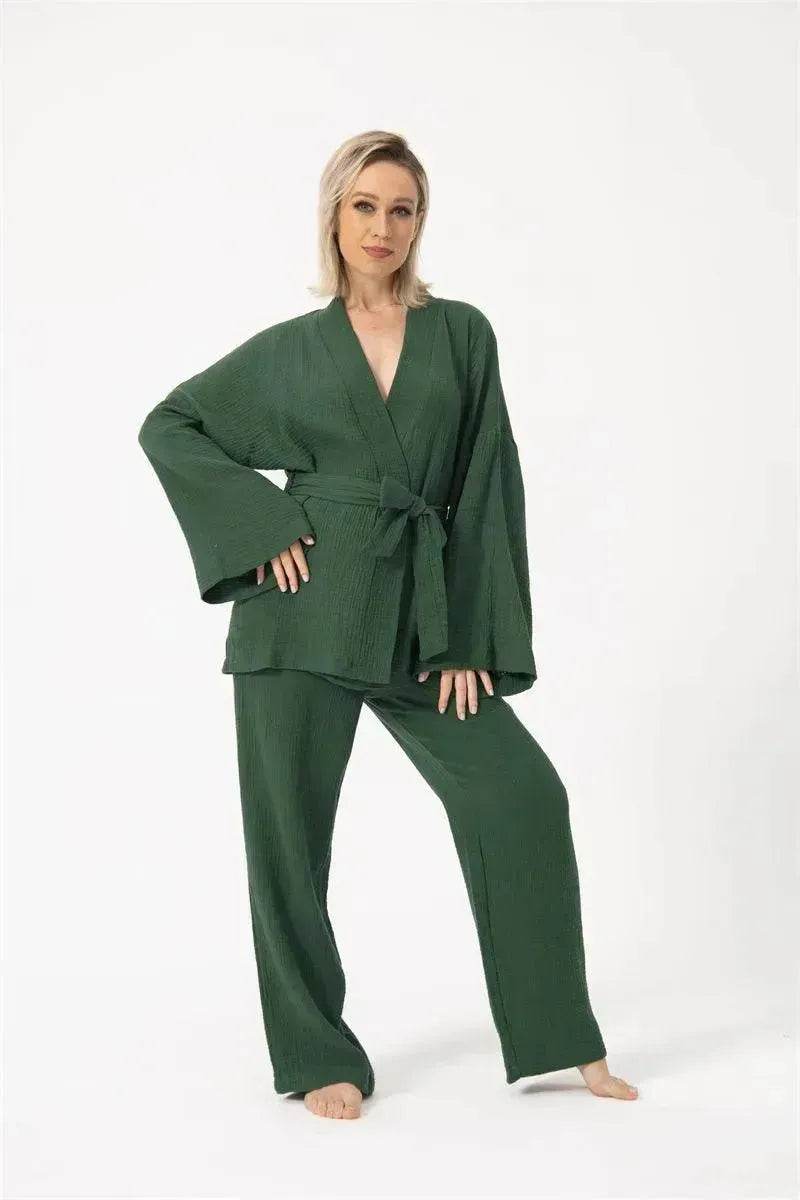 French Loose Kimono Jacket Trousers Double Gauze Ladies  Loungewear Outfit set