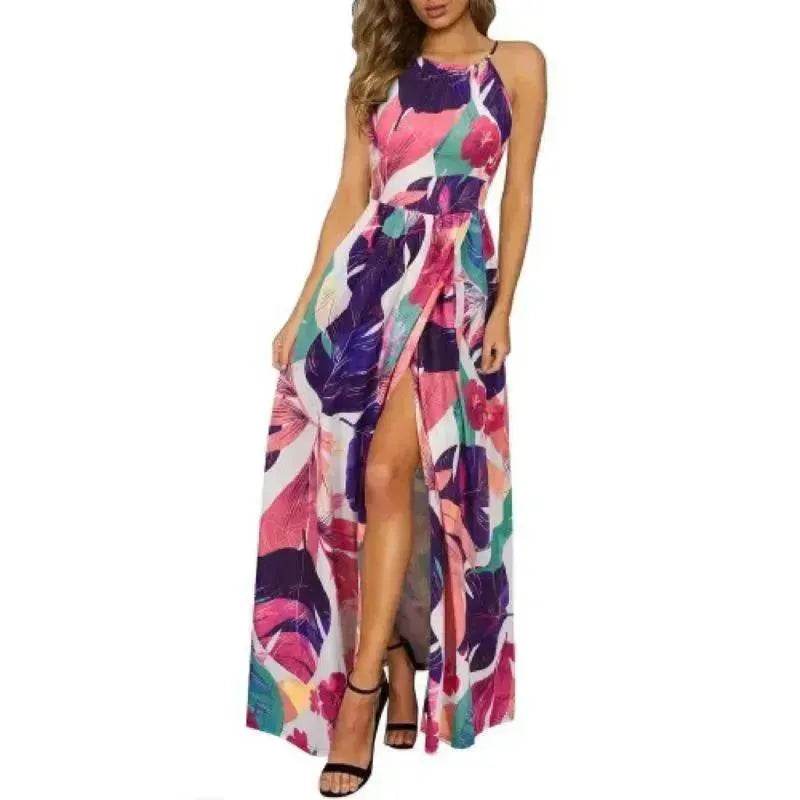 Beach Dress - Leisure Beach Sleeveless Halter Strap Printing Dress