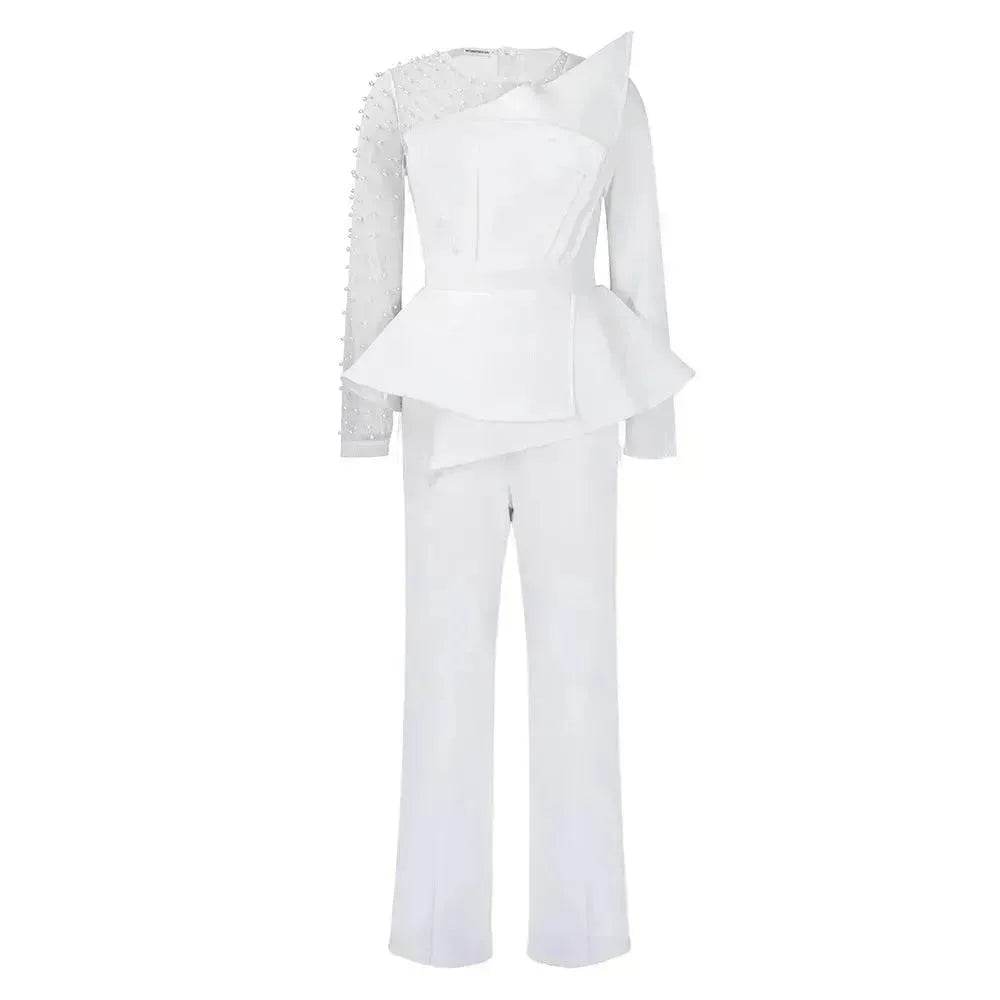 Long Sleeve Mesh Splicing Beads Banquet Plus Size Jumpsuit