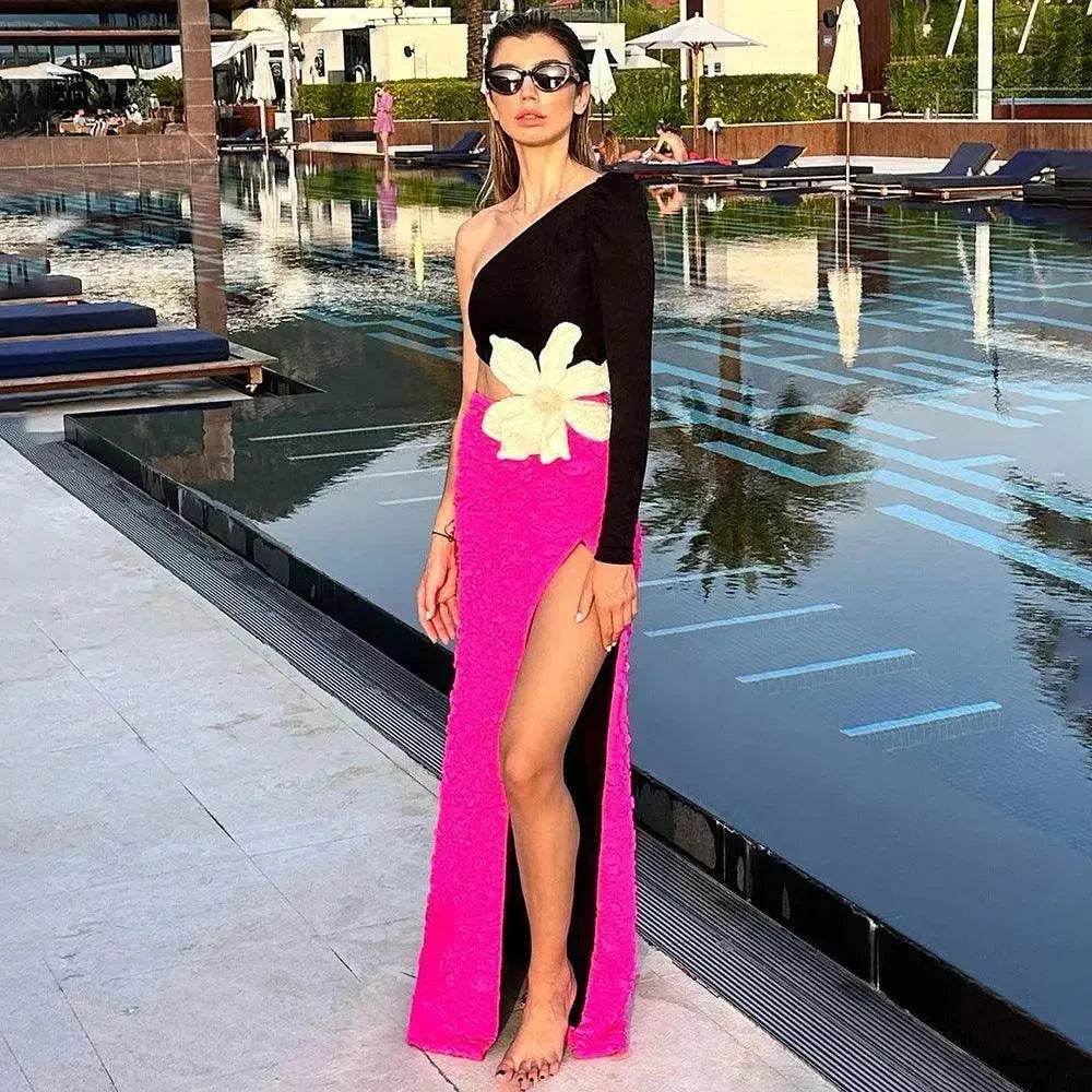 Long Sleeve Rose Red Color Matching Beaded Flower One-shoulder Dress