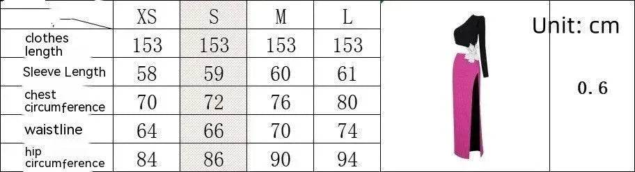 Long Sleeve Rose Red Color Matching Beaded Flower One-shoulder Dress