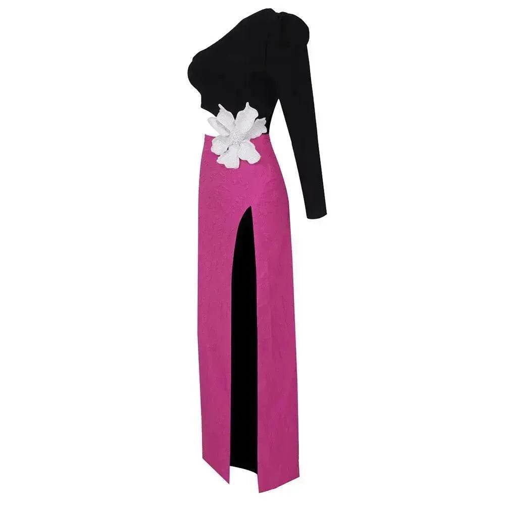 Long Sleeve Rose Red Color Matching Beaded Flower One-shoulder Dress