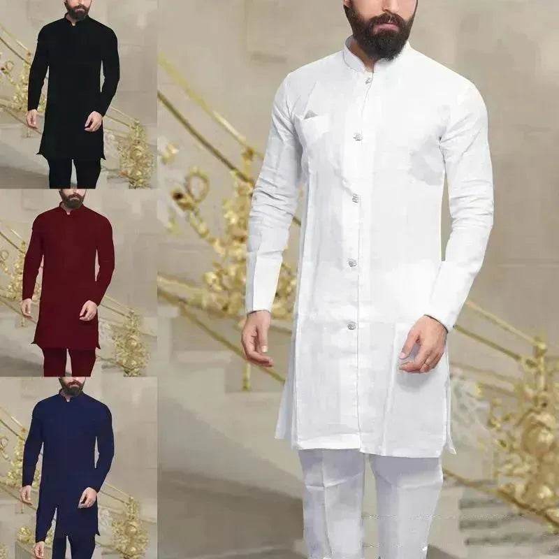 Men Arab  Middle Eastern Long Shirt Linen Button