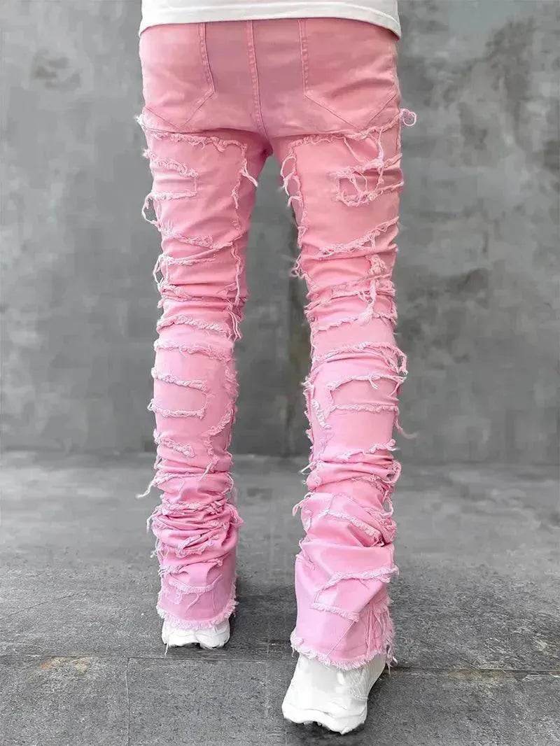 Stacked Denim Jeans Men – Patched Slim Fit Pants