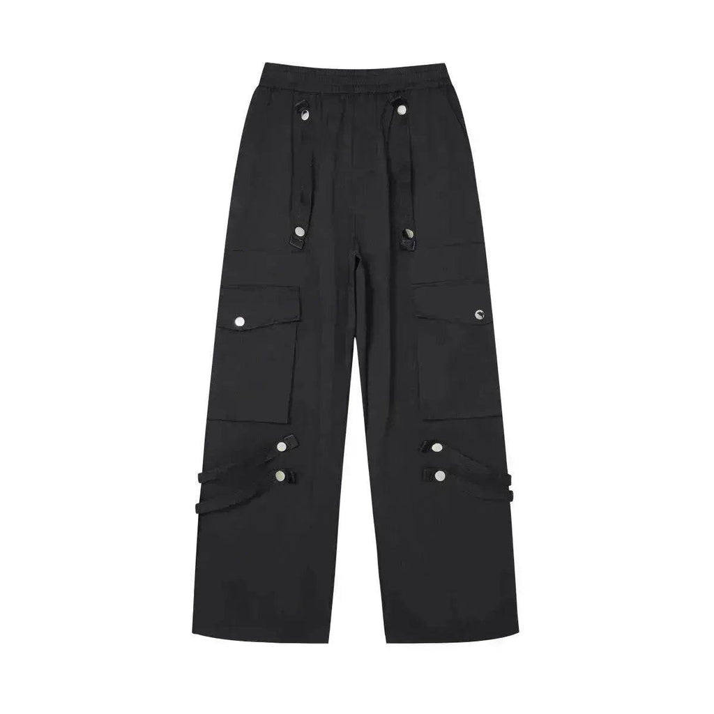 Metal Snap Fastener Detachable Webbing Multi-pocket Wide Leg Straight Overalls