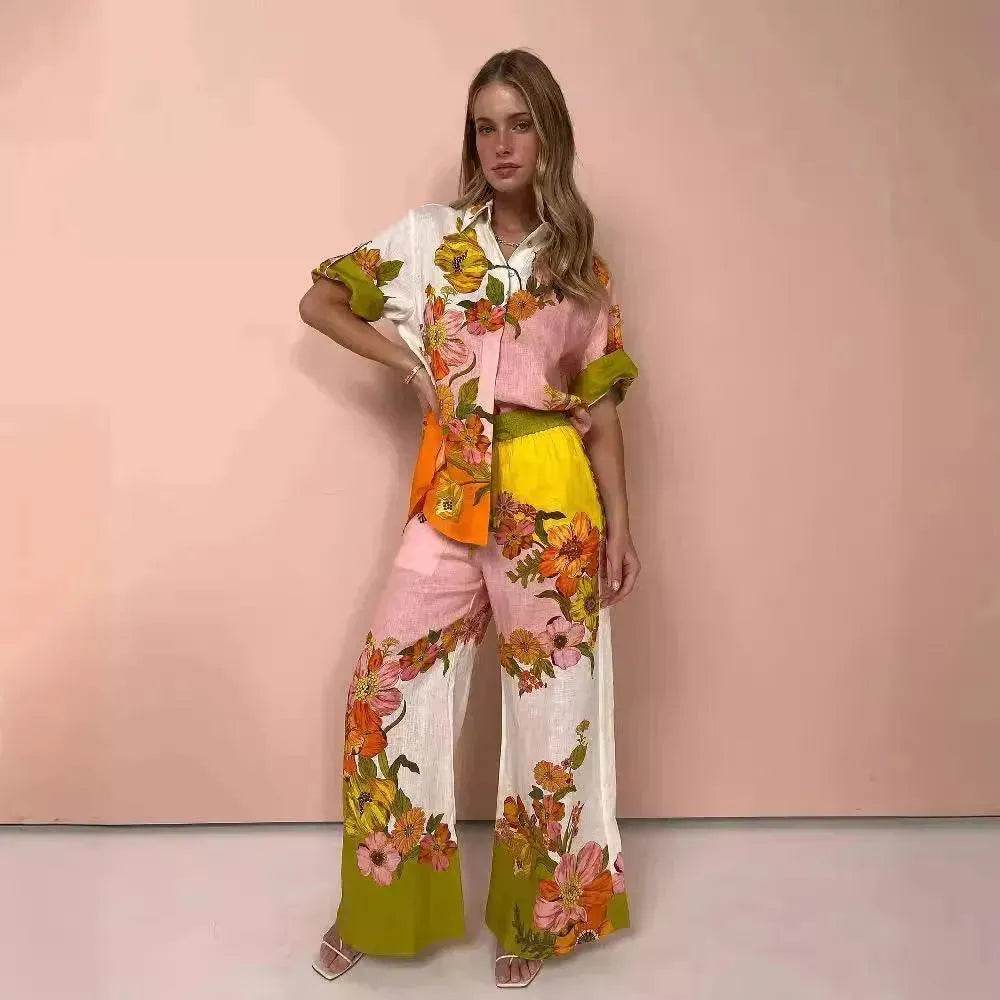Women's Printed Cotton Linen Two-Piece Suit, Casual Top and Wide-Leg Pants Set, S to XL