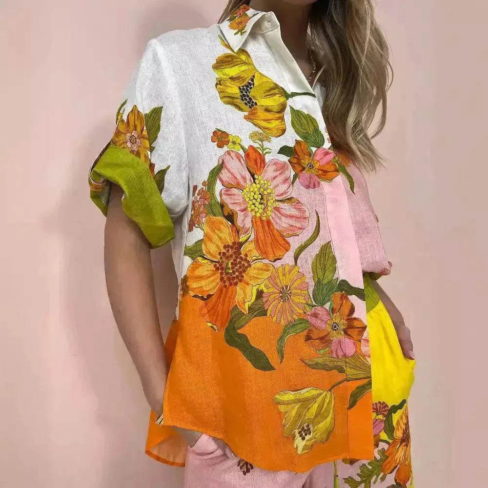Women's Printed Cotton Linen Two-Piece Suit, Casual Top and Wide-Leg Pants Set, S to XL