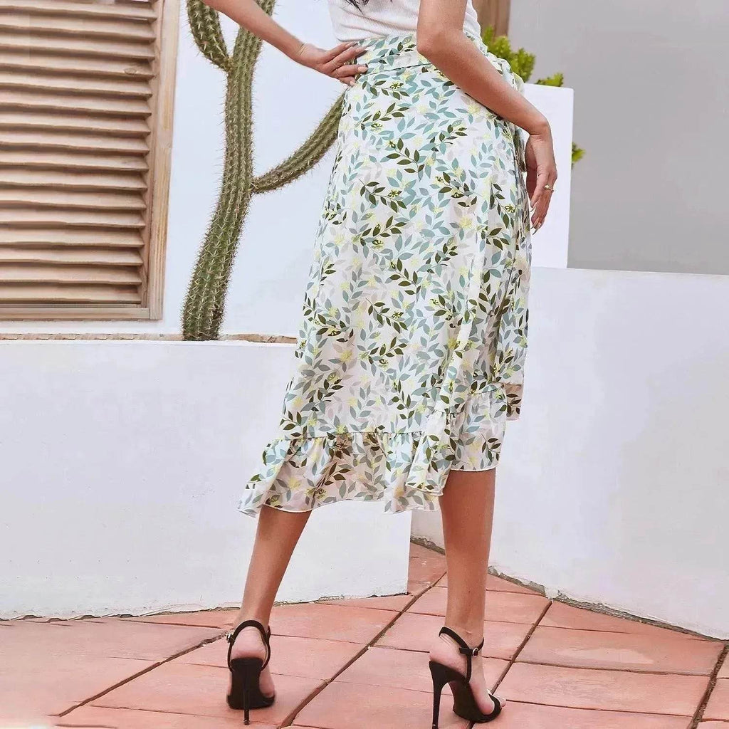 Printed Lace Up Split Expansion Midi  Floral Skirt With Lining