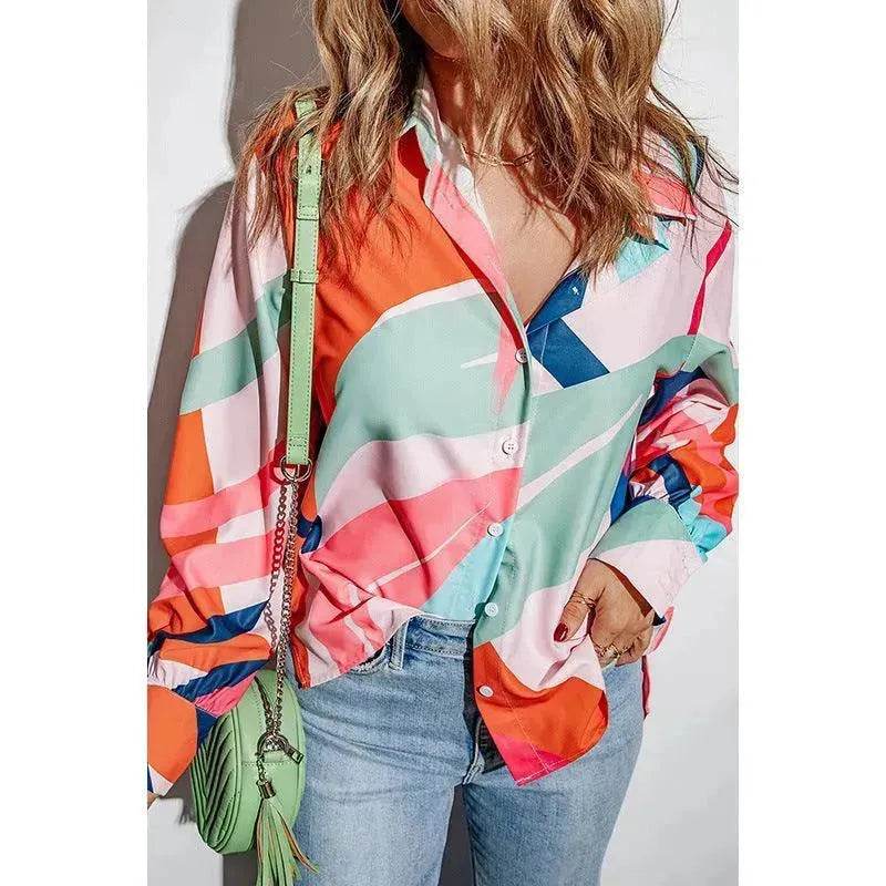 Printing Color Contrast Thin Long-sleeved Top For Women