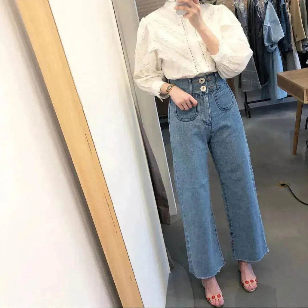 Retro High Waist Wash Double Breasted Pocket Loose Slimming And Wide Leg Denim Trousers For Women