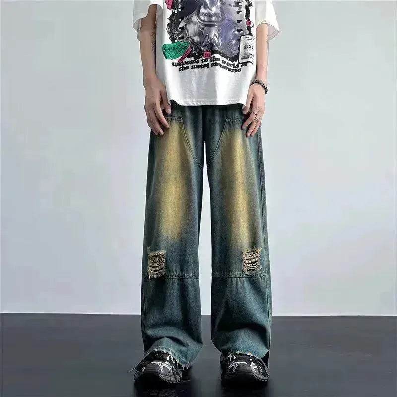 Ripped Retro Blue Contrast Color Jeans