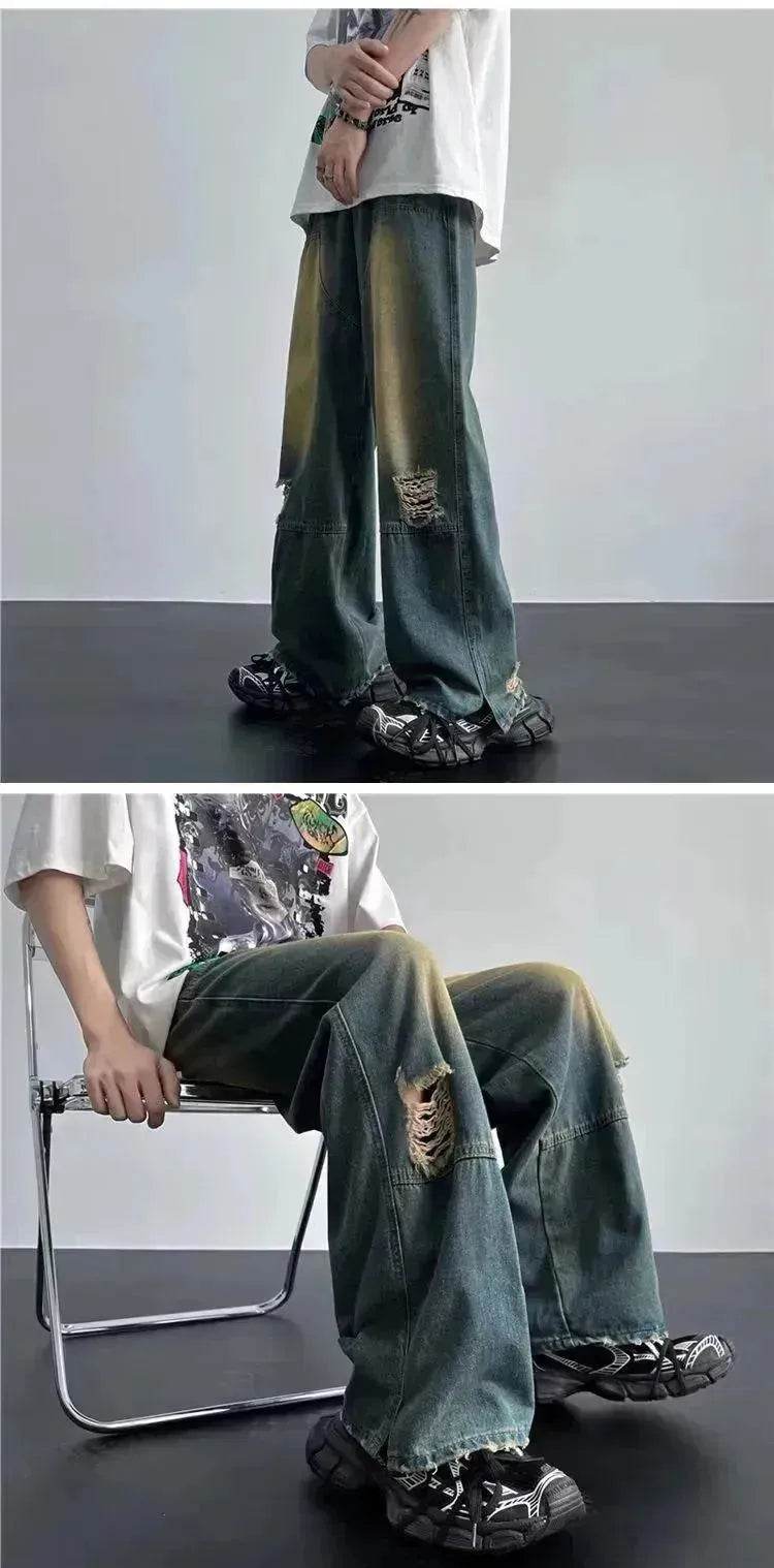 Ripped Retro Blue Contrast Color Jeans