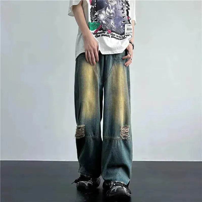 Ripped Retro Blue Contrast Color Jeans