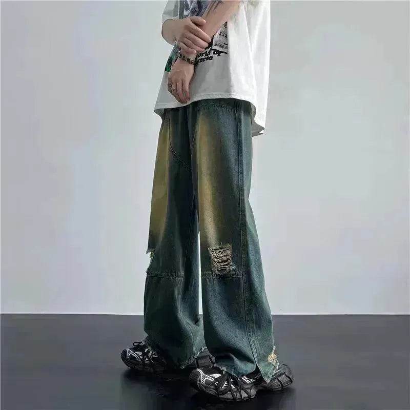 Ripped Retro Blue Contrast Color Jeans