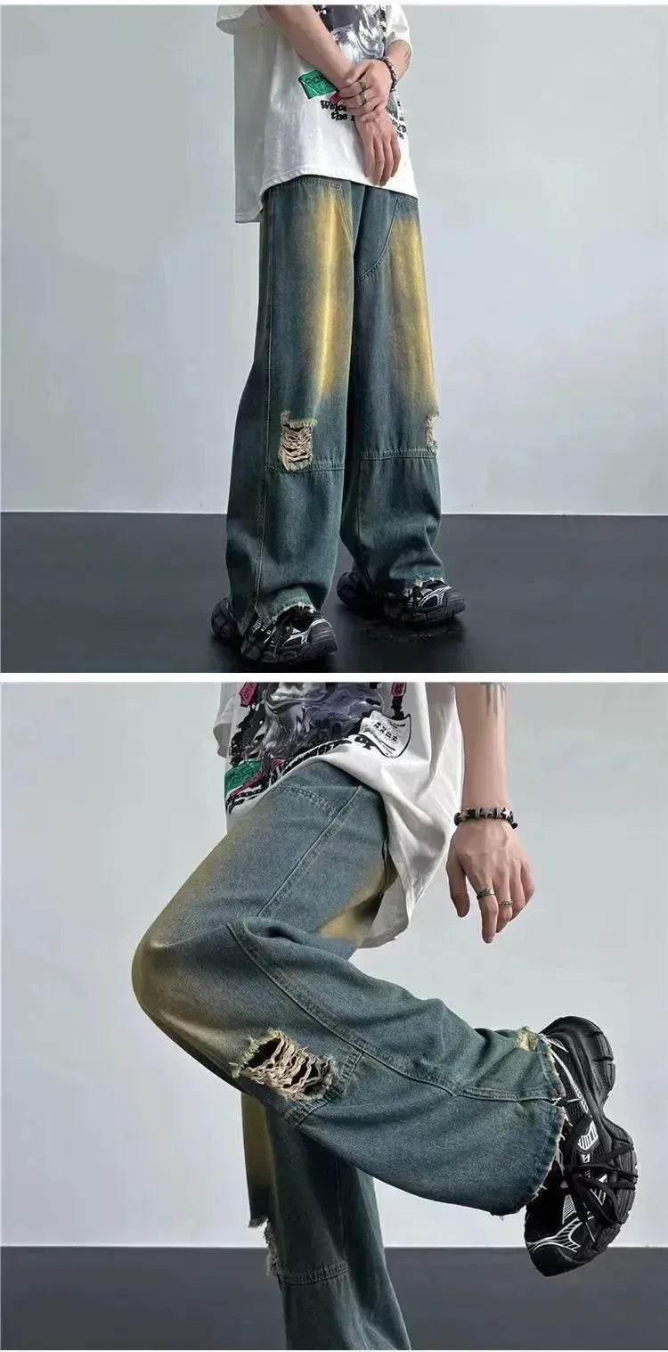 Ripped Retro Blue Contrast Color Jeans