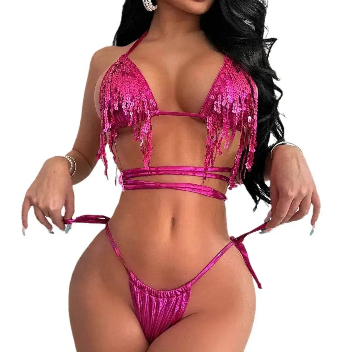 Charming Fashion Swimsuit Female Red Paillette Tassel Bikini