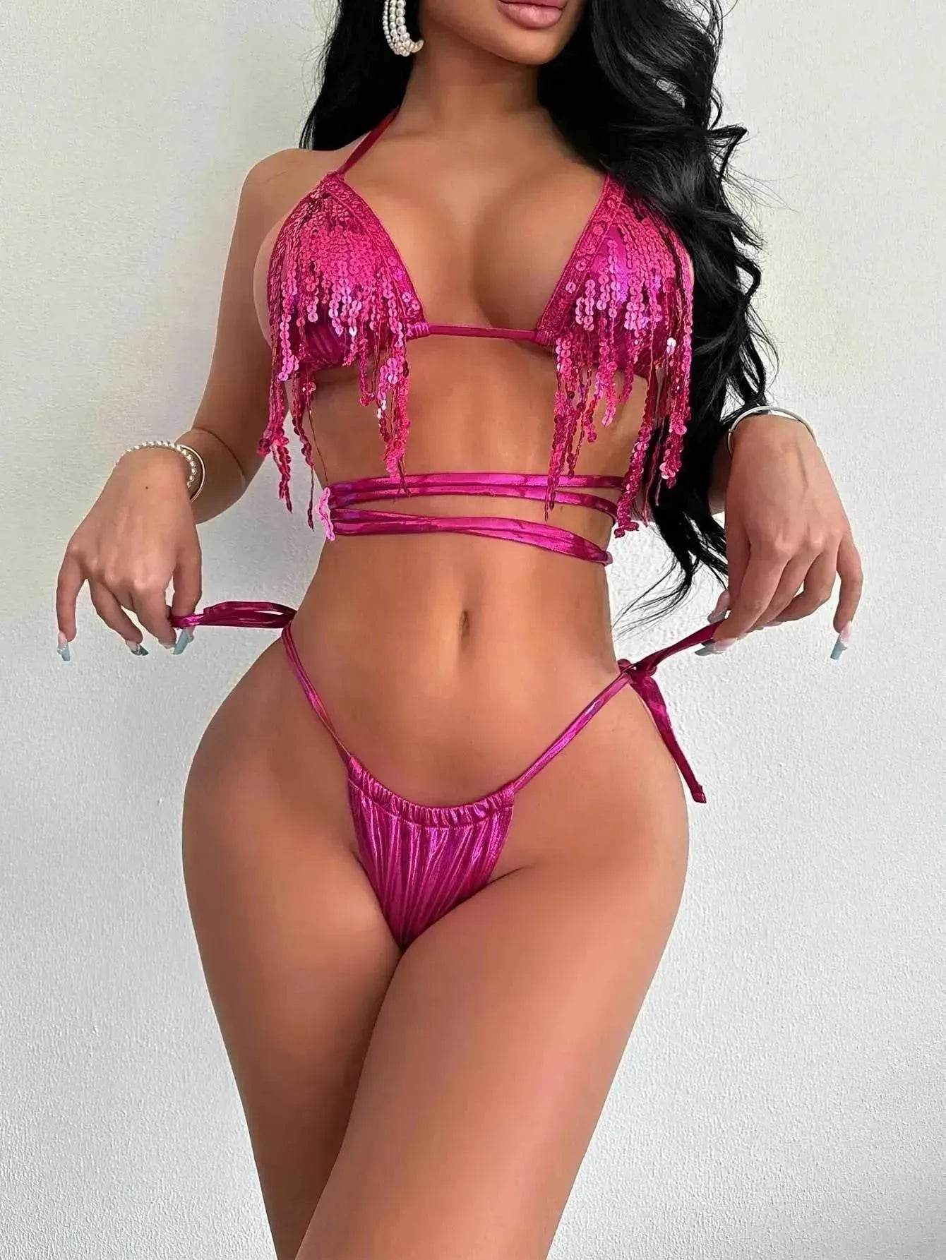 Charming Fashion Swimsuit Female Red Paillette Tassel Bikini