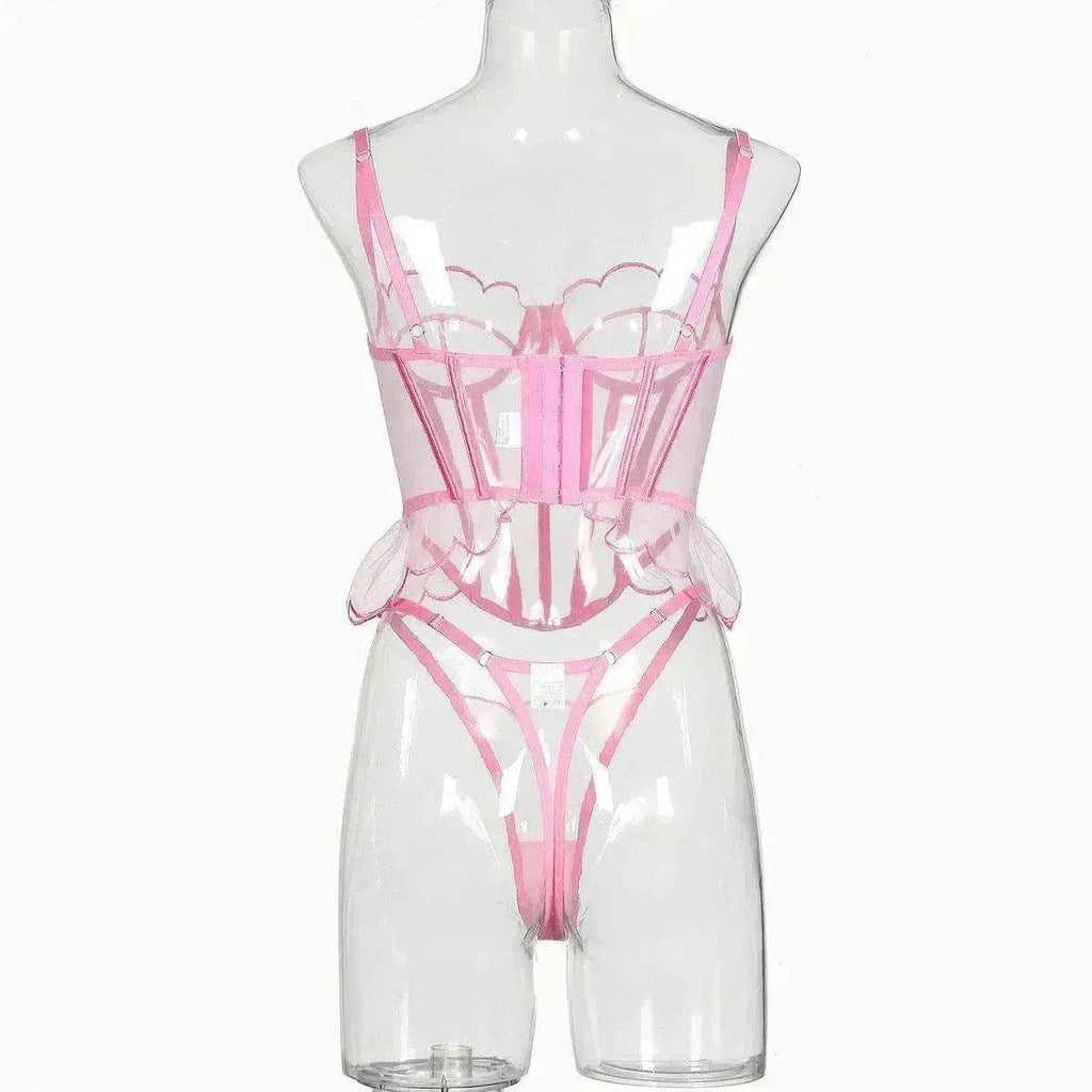 Shaping Sling Wave Mesh Edge Joint Fishbone See-through Charming Underwear Two-piece