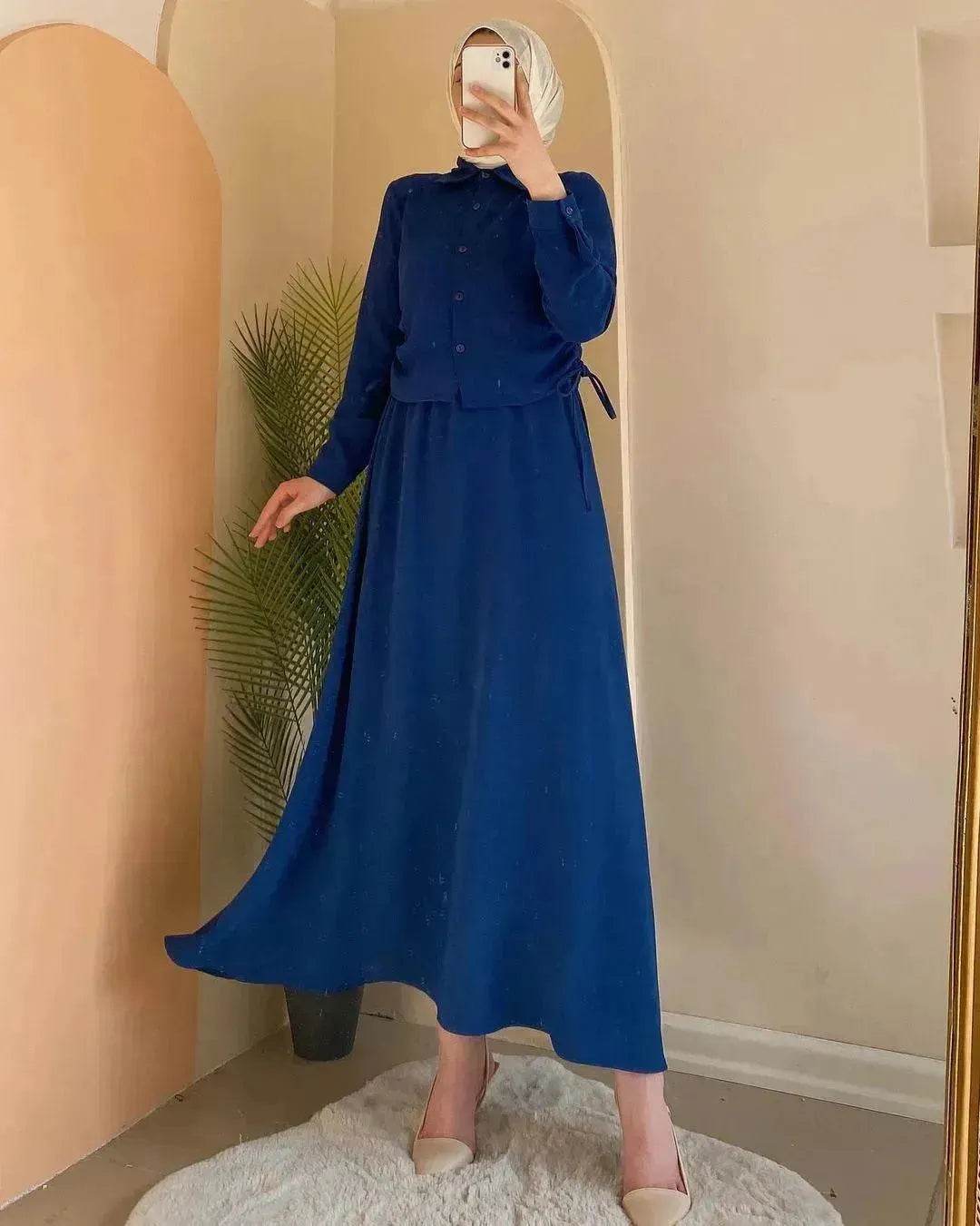 Solid Color Long Sleeve Skirt Suit for Elegant Arab Dubai Turkey Middle Eastern Women Abaya Dress