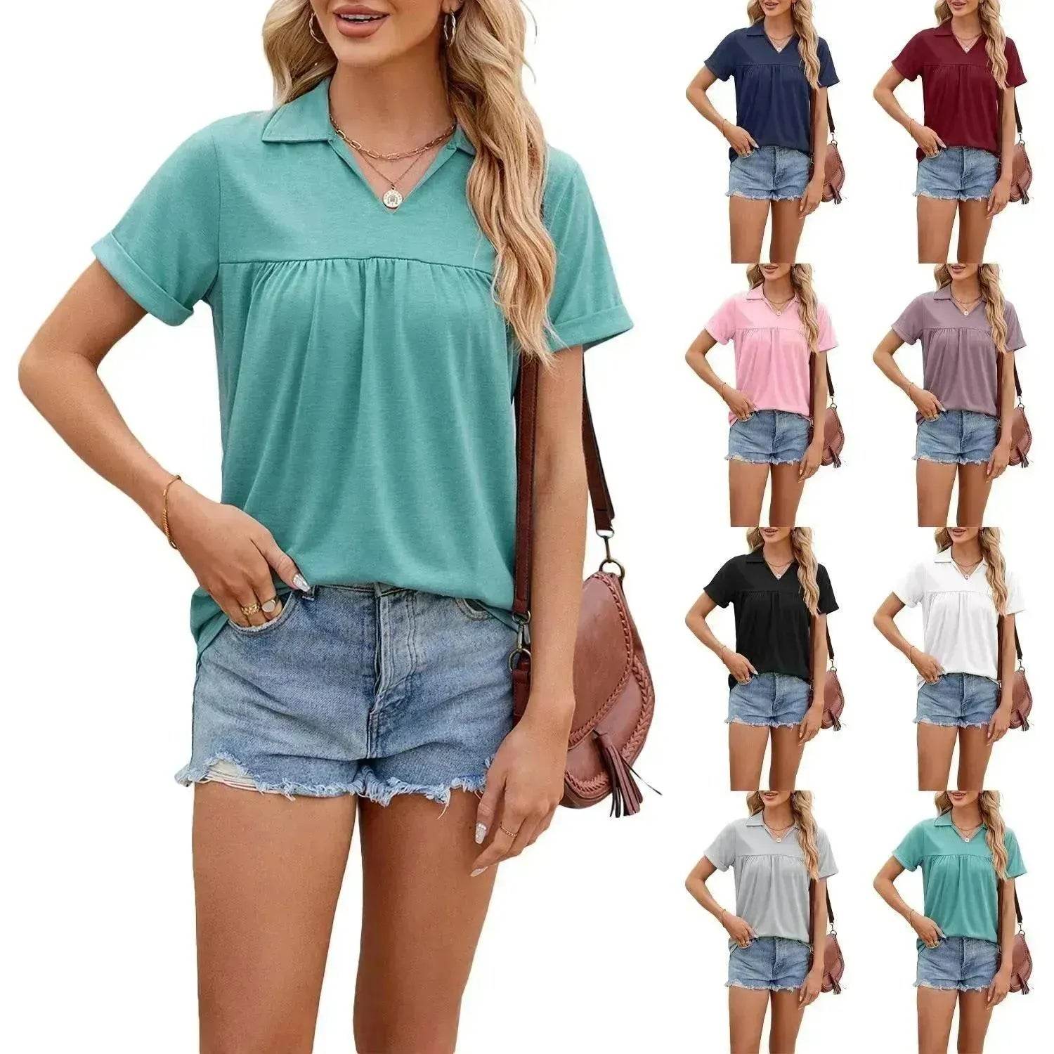 Solid Color V-neck Lapel Short-sleeved Cotton Summer Loose polo shirt Top Women