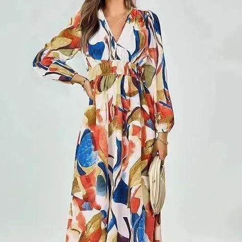 Spring NEW Long Casual Long Sleeve V-neck Printed Beach Long Flowy Dress