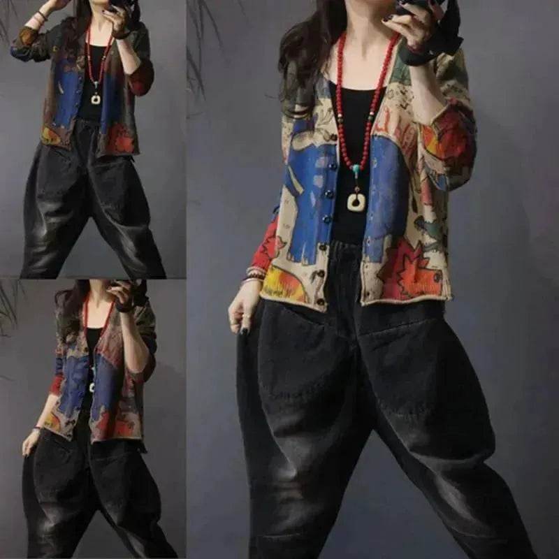 Spring Printed Knitted Cardigan Women Retro National Style Top